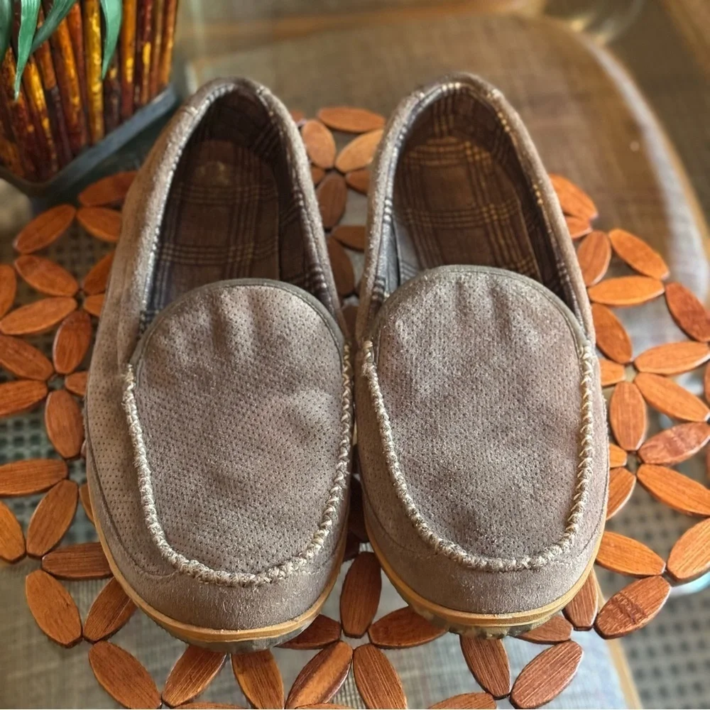 L.L. BEAN  Perforated Brown Suede Flannel Lined Camo Sole Mountain Slippers 14M